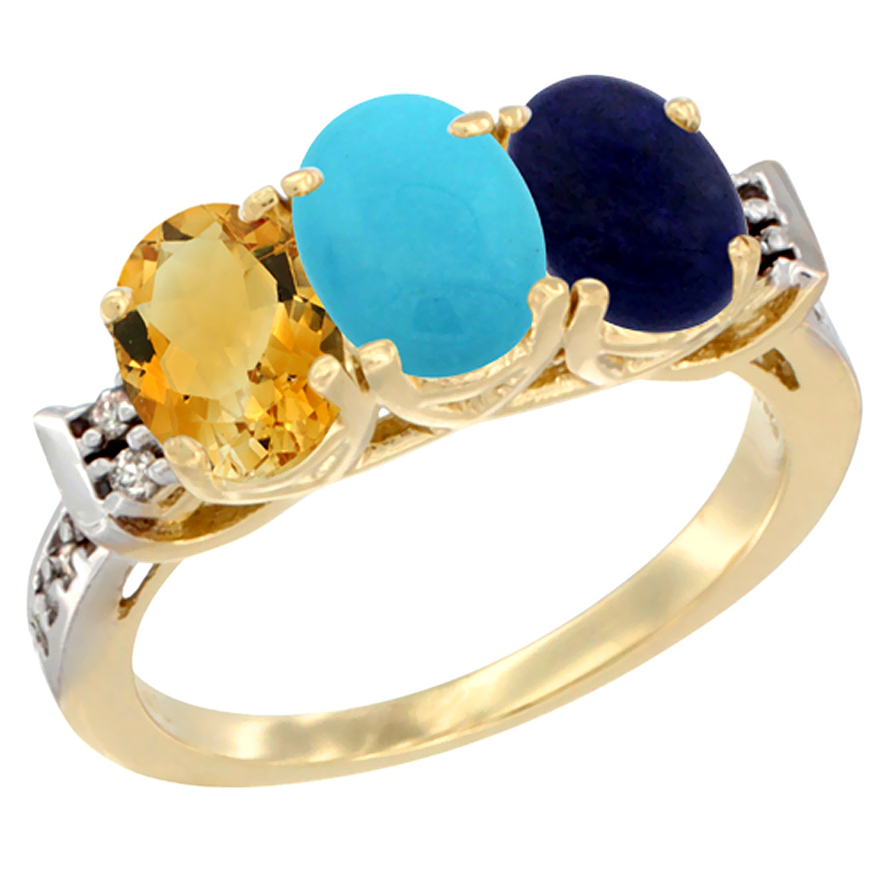 Sabrina Silver 14K Yellow Gold Natural Citrine, Turquoise & Lapis Ring 3-Stone 7x5 mm Oval Diamond Accent, sizes 5 - 10