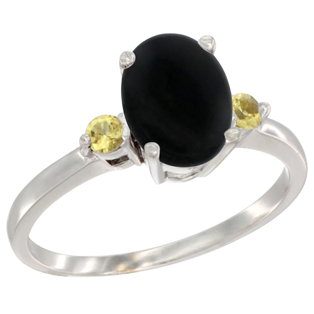Sabrina Silver 10K White Gold Natural Black Onyx Ring Oval 9x7 mm Yellow Sapphire Accent, sizes 5 to 10
