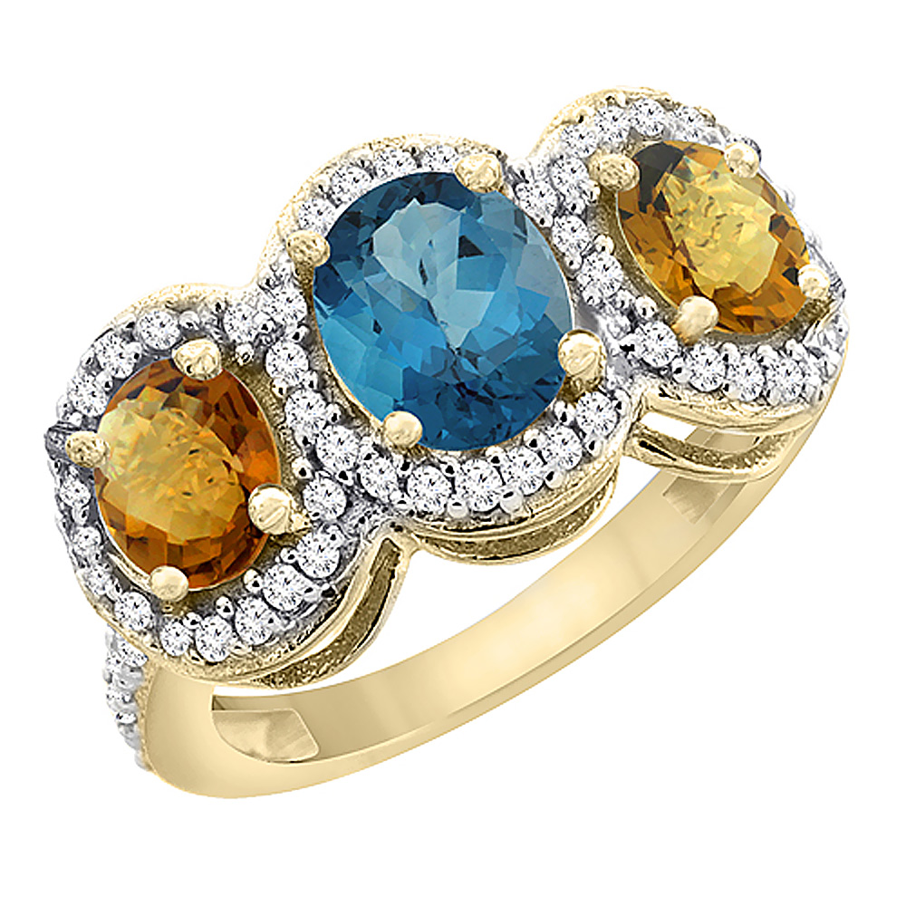 Sabrina Silver 10K Yellow Gold Natural London Blue Topaz & Whisky Quartz 3-Stone Ring Oval Diamond Accent, sizes 5 - 10