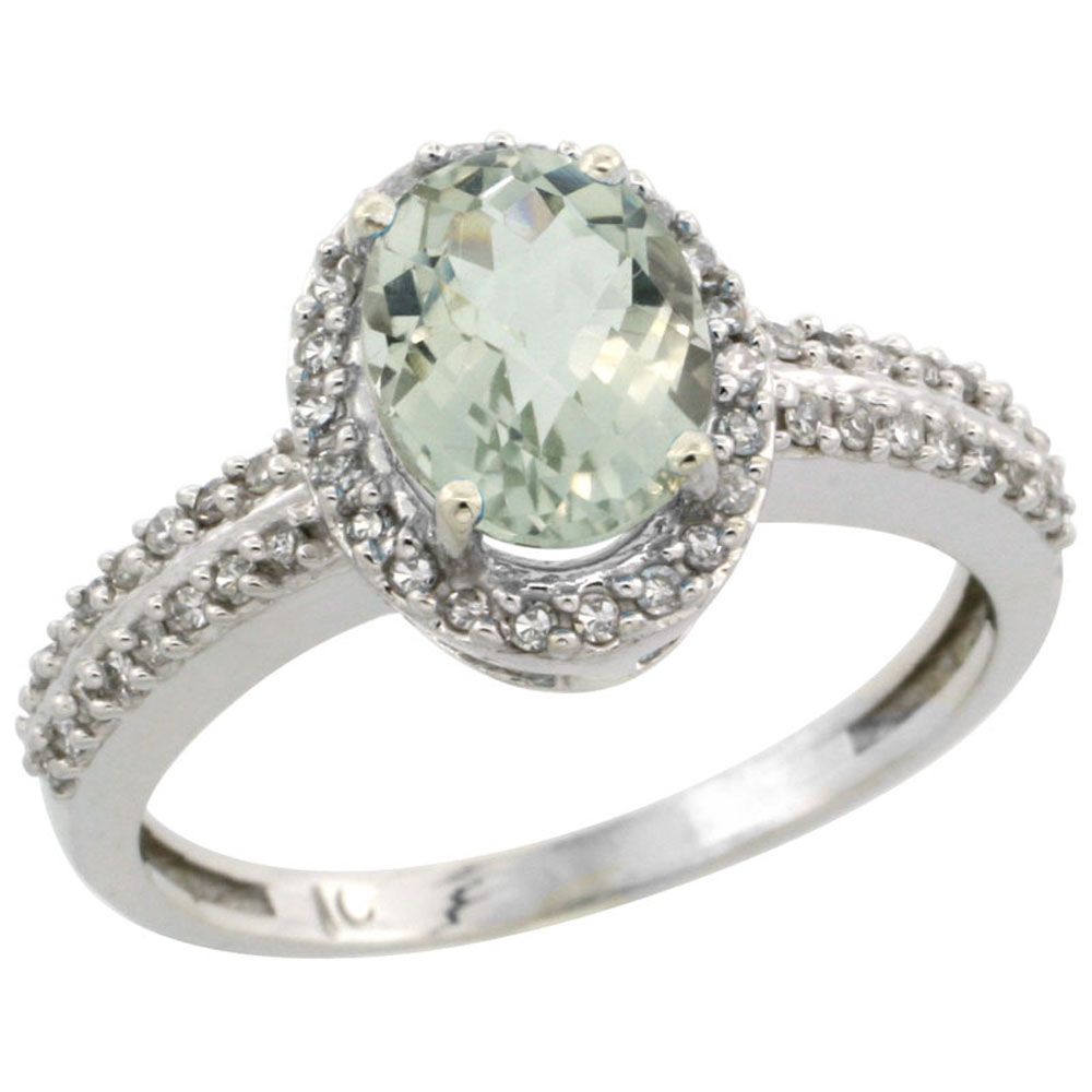 Sabrina Silver 14K White Gold Natural Green Amethyst Ring Oval 8x6mm Diamond Halo, sizes 5-10
