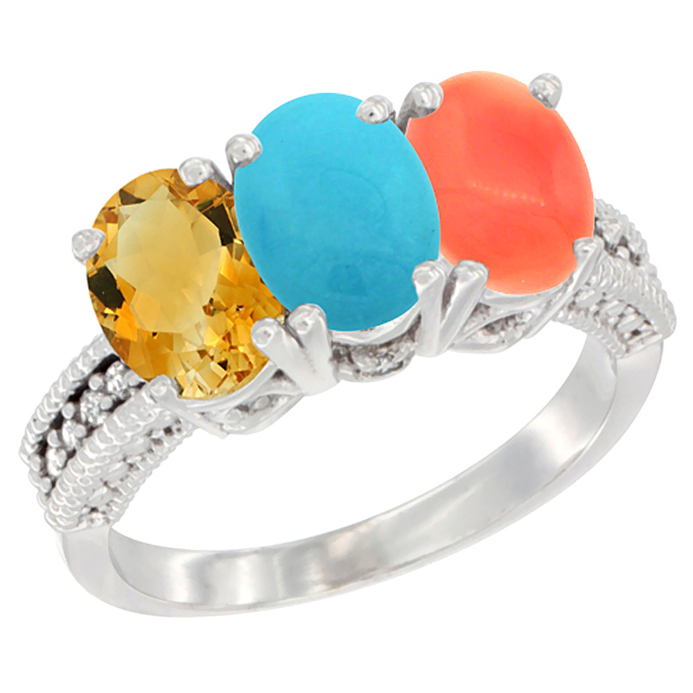 Sabrina Silver 14K White Gold Natural Citrine, Turquoise & Coral Ring 3-Stone 7x5 mm Oval Diamond Accent, sizes 5 - 10