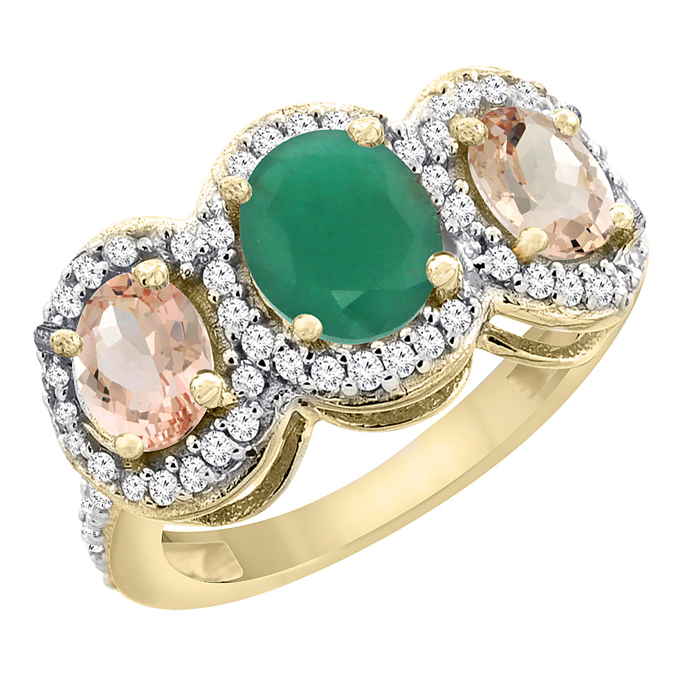 Sabrina Silver 14K Yellow Gold Natural Quality Emerald & Morganite 3-stone Mothers Ring Oval Diamond Accent, size 5 - 10