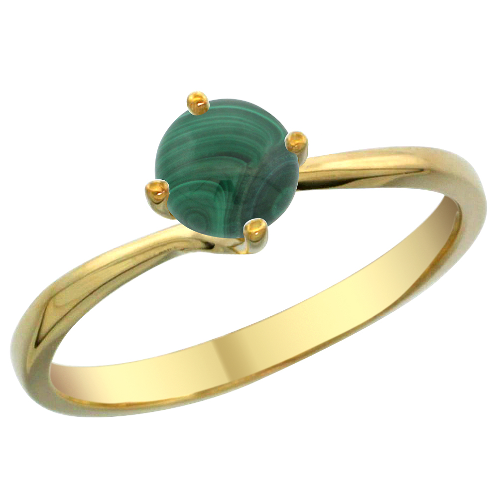 Sabrina Silver 14K Yellow Gold Natural Malachite Solitaire Ring Round 6mm, sizes 5 - 10