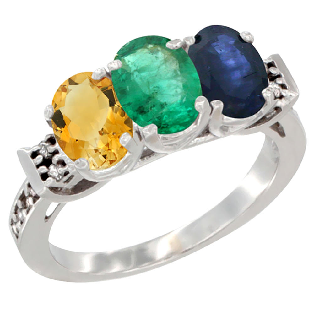 Sabrina Silver 14K White Gold Natural Citrine, Emerald & Blue Sapphire Ring 3-Stone 7x5 mm Oval Diamond Accent, sizes 5 - 10