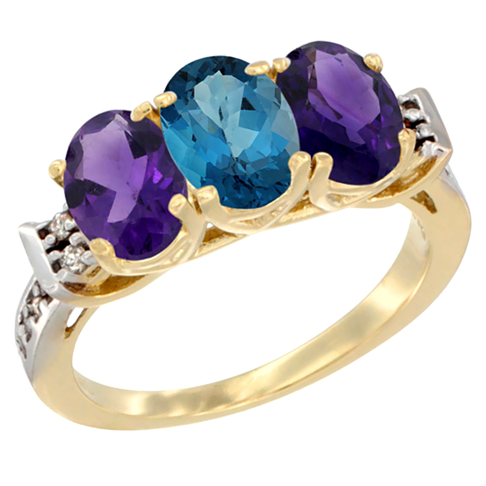 Sabrina Silver 14K Yellow Gold Natural London Blue Topaz & Amethyst Sides Ring 3-Stone 7x5 mm Oval Diamond Accent, sizes 5 - 10