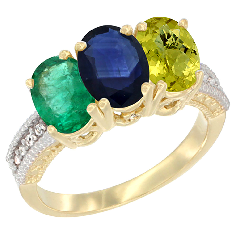 Sabrina Silver 14K Yellow Gold Natural Emerald, Blue Sapphire & Lemon Quartz Ring 3-Stone 7x5 mm Oval Diamond Accent, sizes 5 - 10