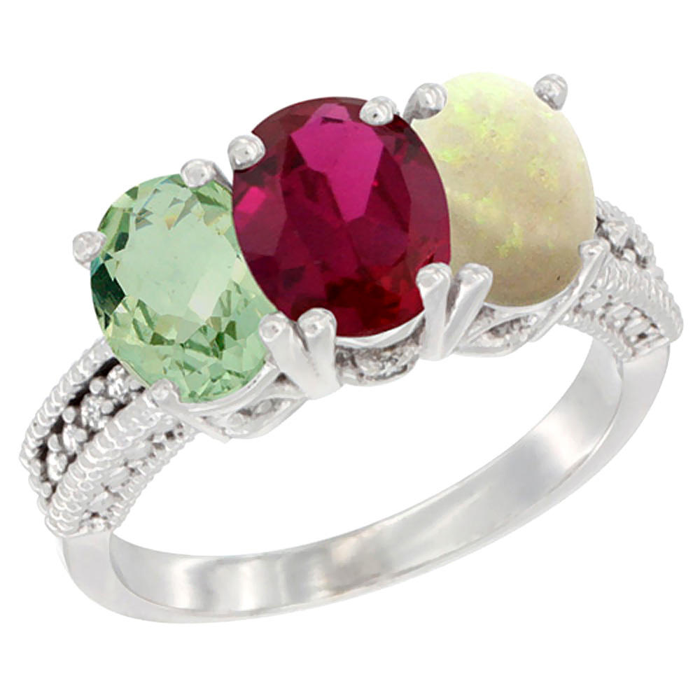 Sabrina Silver 14K White Gold Natural Green Amethyst, Enhanced Ruby & Natural Opal Ring 3-Stone 7x5 mm Oval Diamond Accent, sizes 5 - 10
