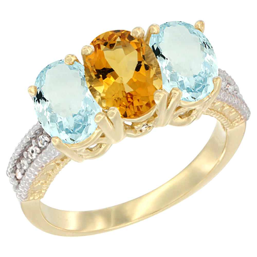 Sabrina Silver 10K Yellow Gold Natural Citrine & Aquamarine Ring 3-Stone Oval 7x5 mm, sizes 5 - 10
