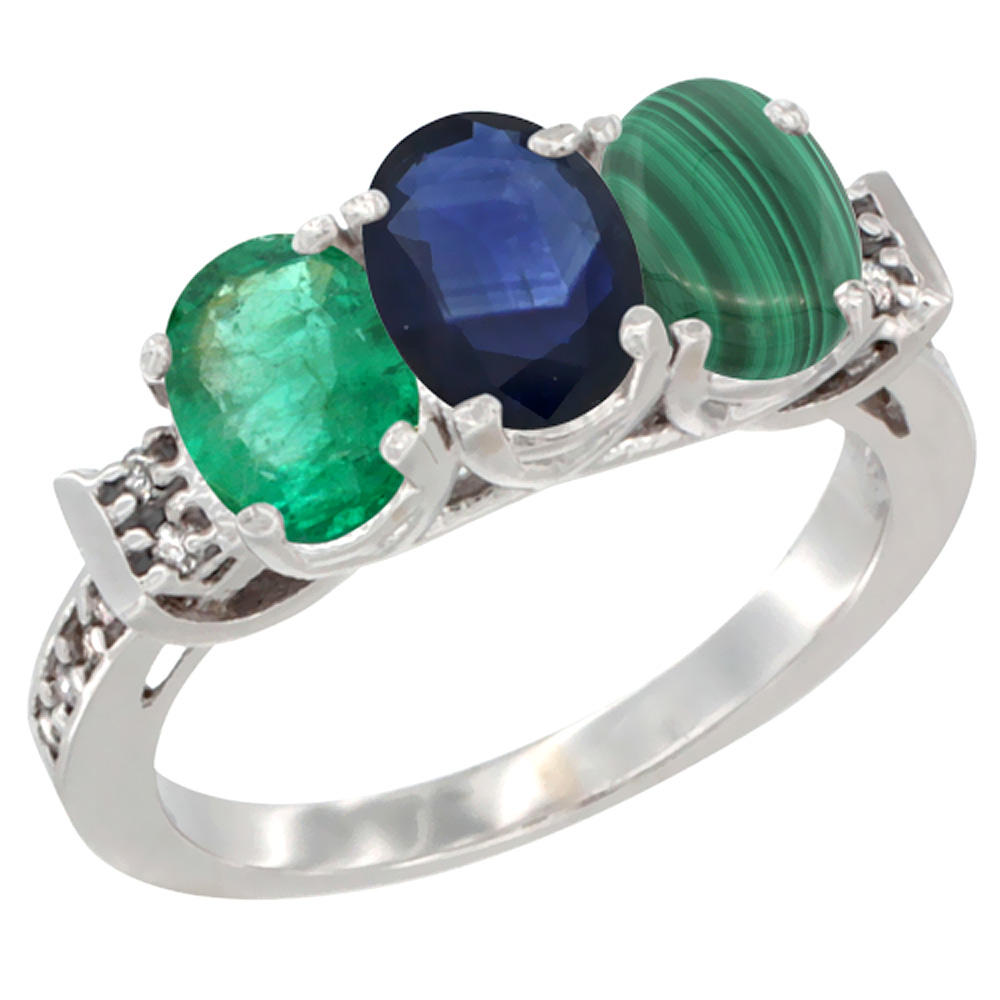 Sabrina Silver 10K White Gold Natural Emerald, Blue Sapphire & Malachite Ring 3-Stone Oval 7x5 mm Diamond Accent, sizes 5 - 10