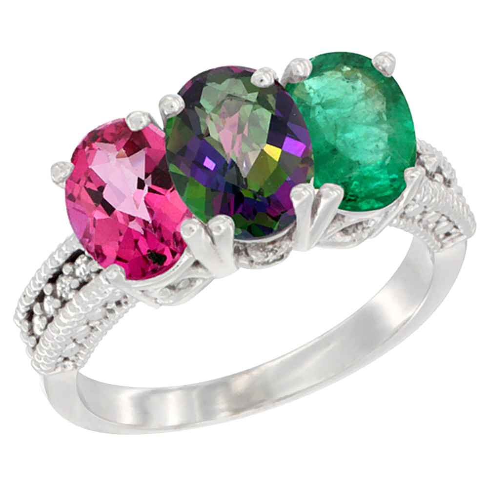 Sabrina Silver 14K White Gold Natural Pink Topaz, Mystic Topaz & Emerald Ring 3-Stone 7x5 mm Oval Diamond Accent, sizes 5 - 10
