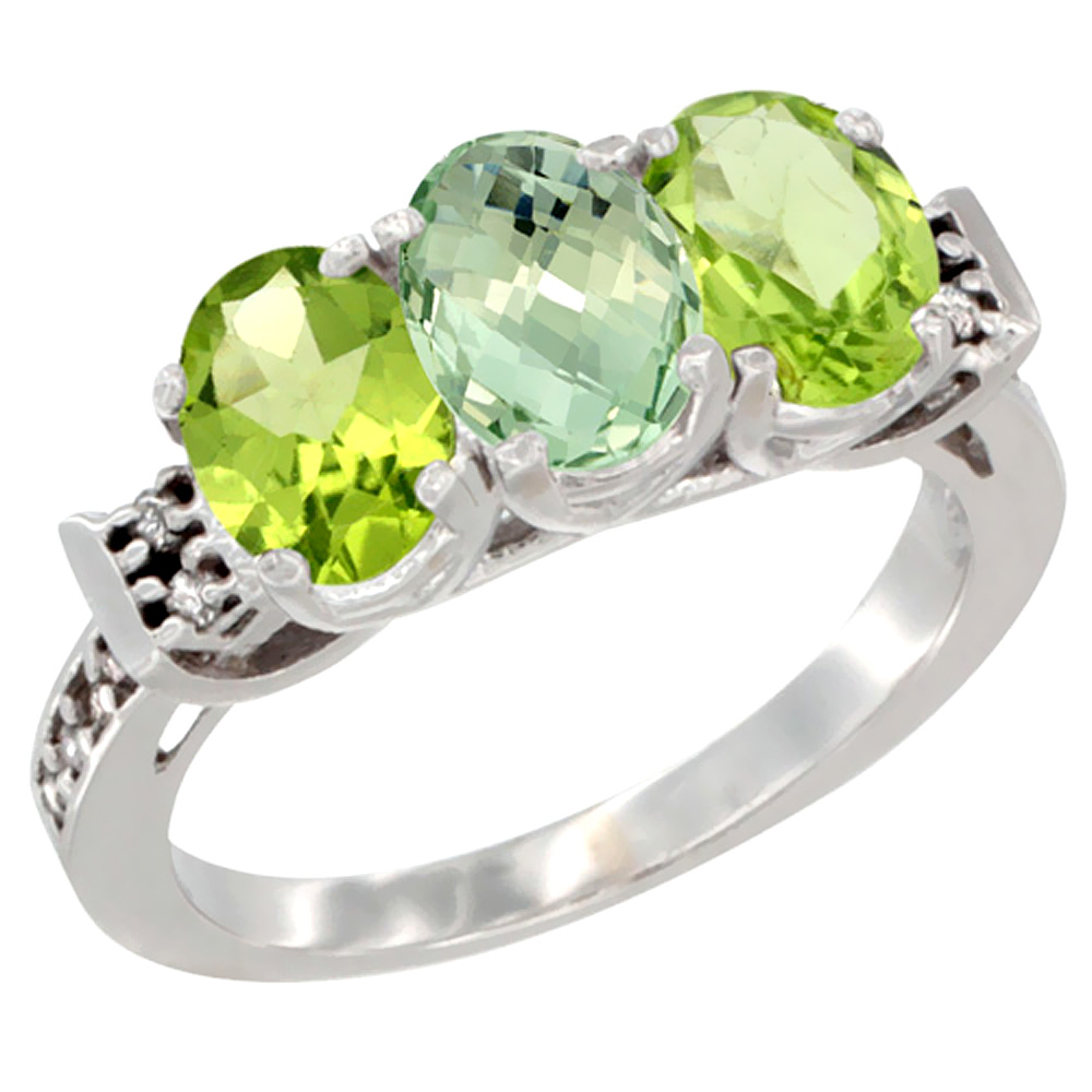 Sabrina Silver 10K White Gold Natural Green Amethyst & Peridot Sides Ring 3-Stone Oval 7x5 mm Diamond Accent, sizes 5 - 10