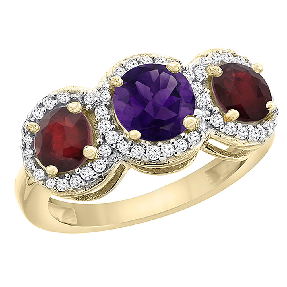 Sabrina Silver 14K Yellow Gold Natural Amethyst & Enhanced Ruby Sides Round 3-stone Ring Diamond Accents, sizes 5 - 10