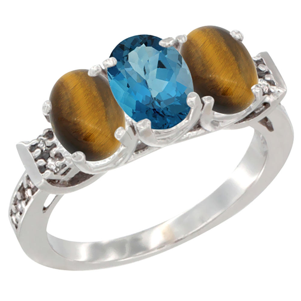 Sabrina Silver 10K White Gold Natural London Blue Topaz & Tiger Eye Sides Ring 3-Stone Oval 7x5 mm Diamond Accent, sizes 5 - 10