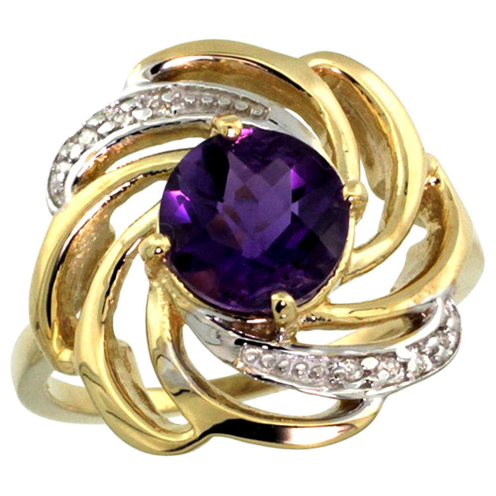 Sabrina Silver 14k Yellow Gold Stone Natural Amethyst Whirlpool Ring Round 8mm Diamond Accented, sizes 5 - 10