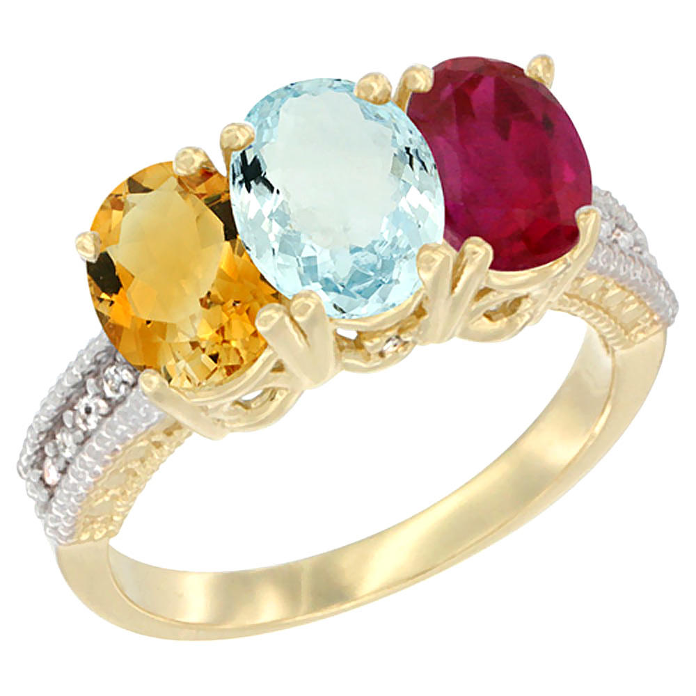 Sabrina Silver 10K Yellow Gold Diamond Natural Citrine, Aquamarine & Enhanced Ruby Ring 3-Stone 7x5 mm Oval, sizes 5 - 10