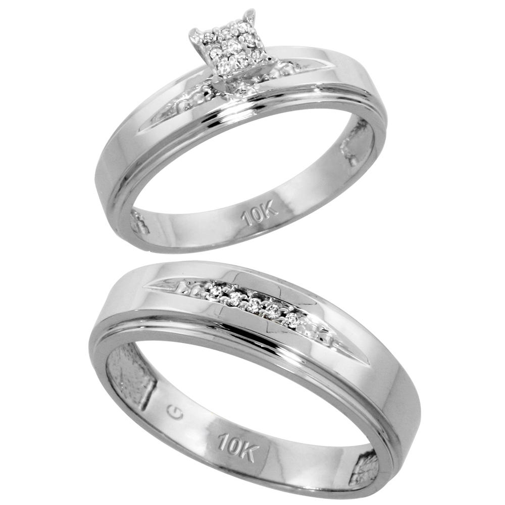 Sabrina Silver 10k White Gold Diamond Engagement Rings Set for Men and Women 2-Piece 0.09 cttw Brilliant Cut, 5mm & 6mm wide