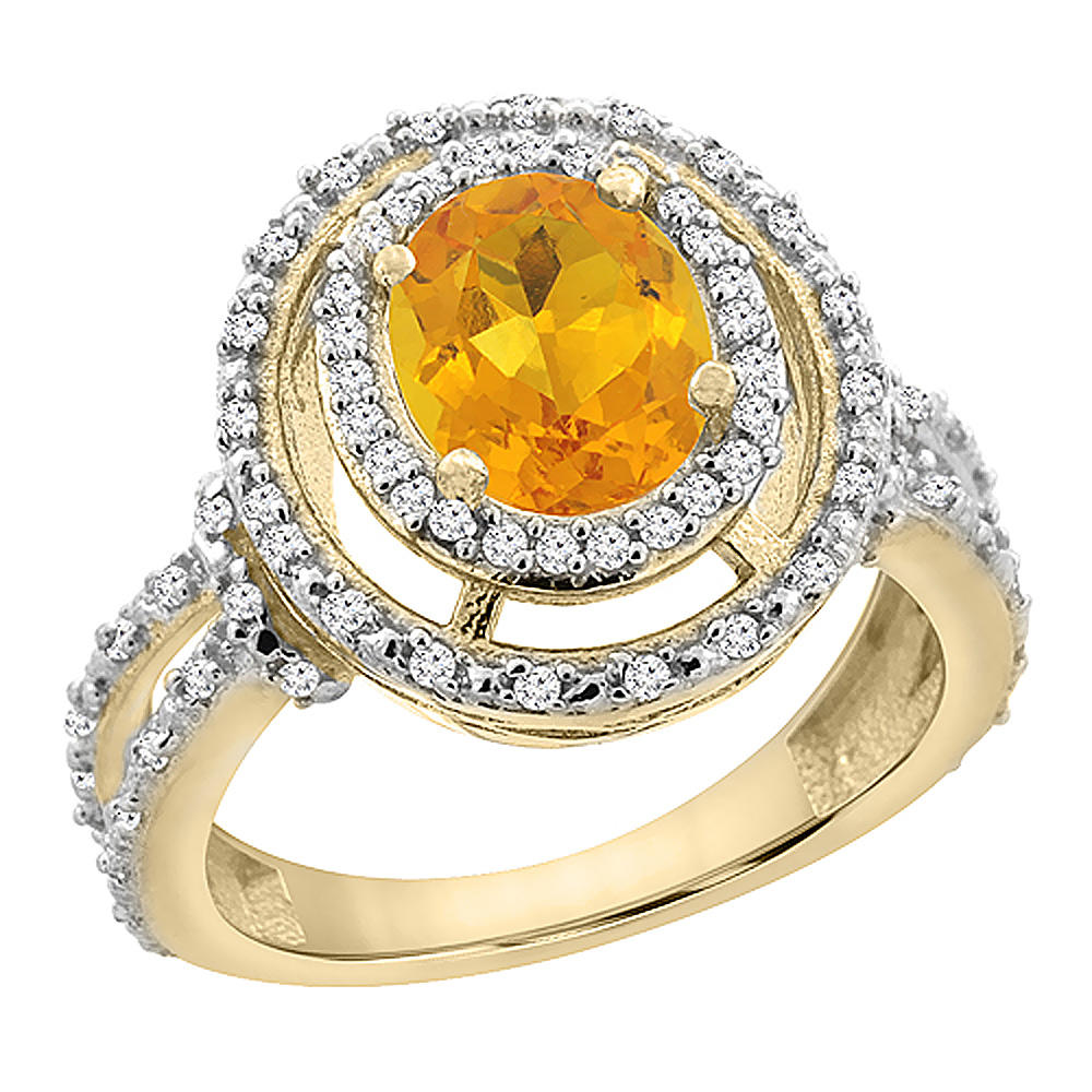 Sabrina Silver 10K Yellow Gold Natural Citrine Ring Oval 8x6 mm Double Halo Diamond, sizes 5 - 10