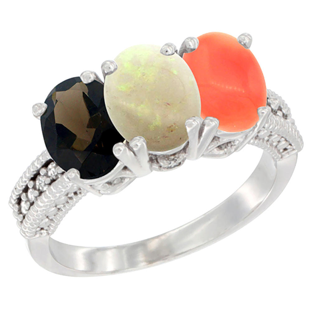 Sabrina Silver 10K White Gold Natural Smoky Topaz, Opal & Coral Ring 3-Stone Oval 7x5 mm Diamond Accent, sizes 5 - 10