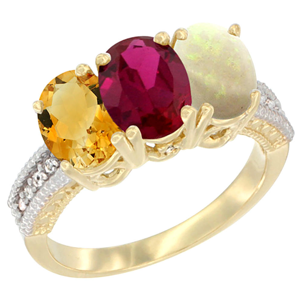 Sabrina Silver 10K Yellow Gold Diamond Natural Citrine, Enhanced Ruby & Opal Ring 3-Stone 7x5 mm Oval, sizes 5 - 10