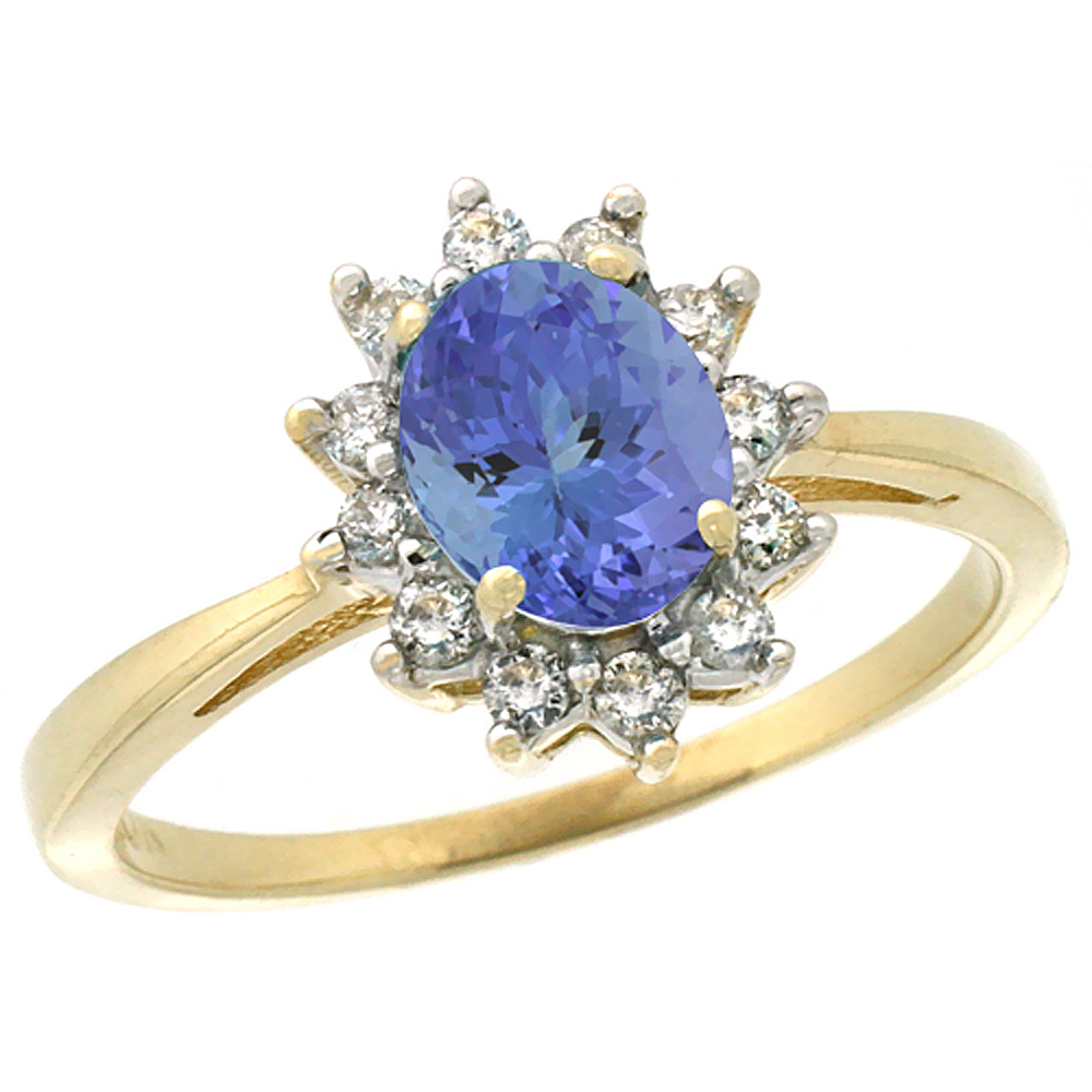 Sabrina Silver 10k Yellow Gold Natural Tanzanite Engagement Ring Oval 7x5mm Diamond Halo, sizes 5-10