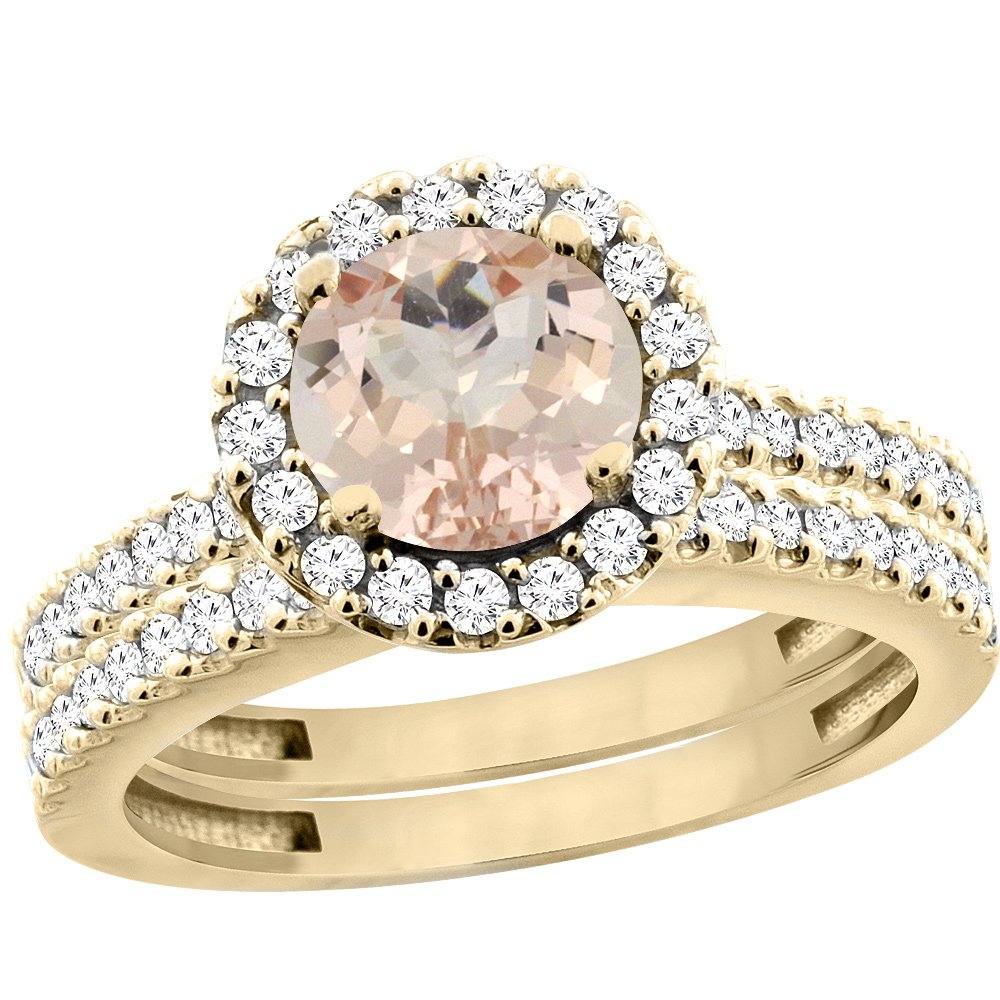 Sabrina Silver 14K Yellow Gold Natural Morganite Round 6mm 2-Piece Engagement Ring Set Floating Halo Diamond, sizes 5 - 10