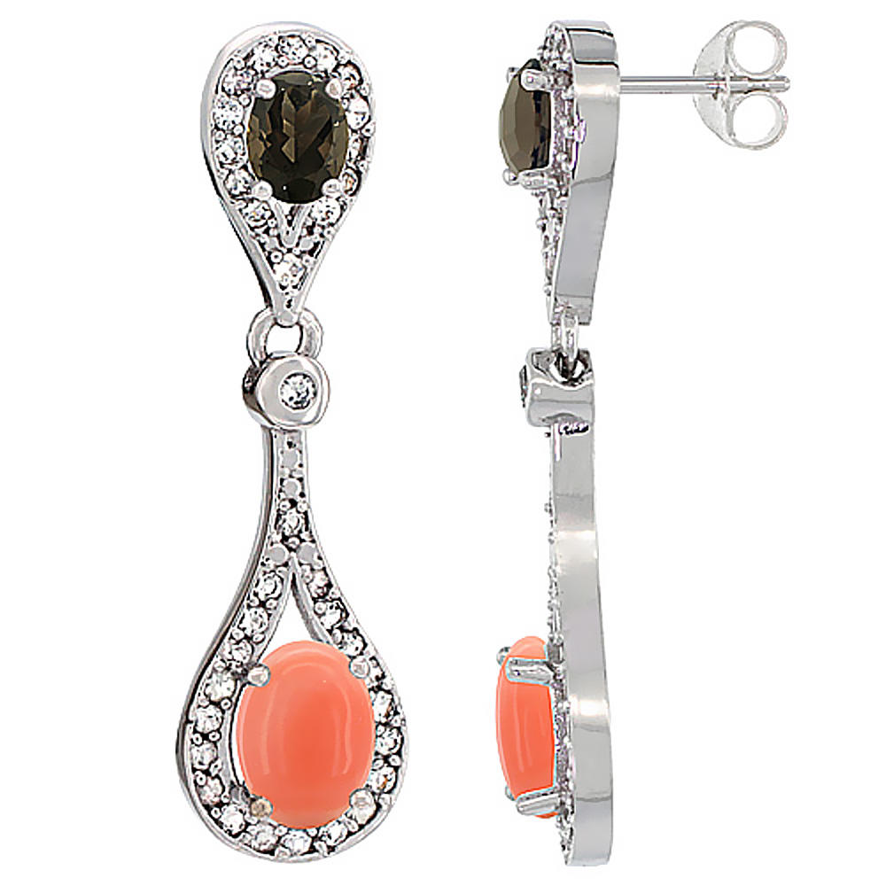 Sabrina Silver 14K White Gold Natural Coral & Smoky Topaz Oval Dangling Earrings White Sapphire & Diamond Accents, 1 3/8 inches long