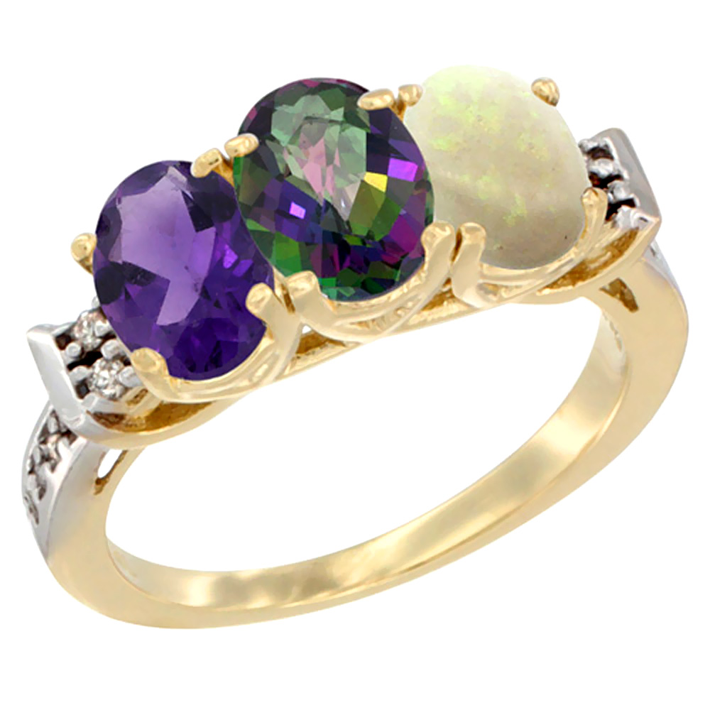 Sabrina Silver 14K Yellow Gold Natural Amethyst, Mystic Topaz & Opal Ring 3-Stone 7x5 mm Oval Diamond Accent, sizes 5 - 10