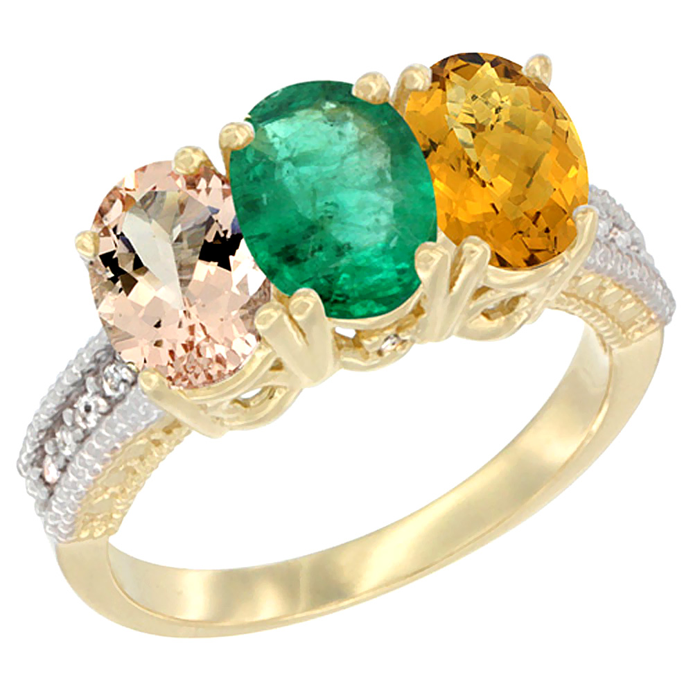 Sabrina Silver 14K Yellow Gold Natural Morganite, Emerald & Whisky Quartz Ring 3-Stone Oval 7x5 mm Diamond Accent, sizes 5 - 10