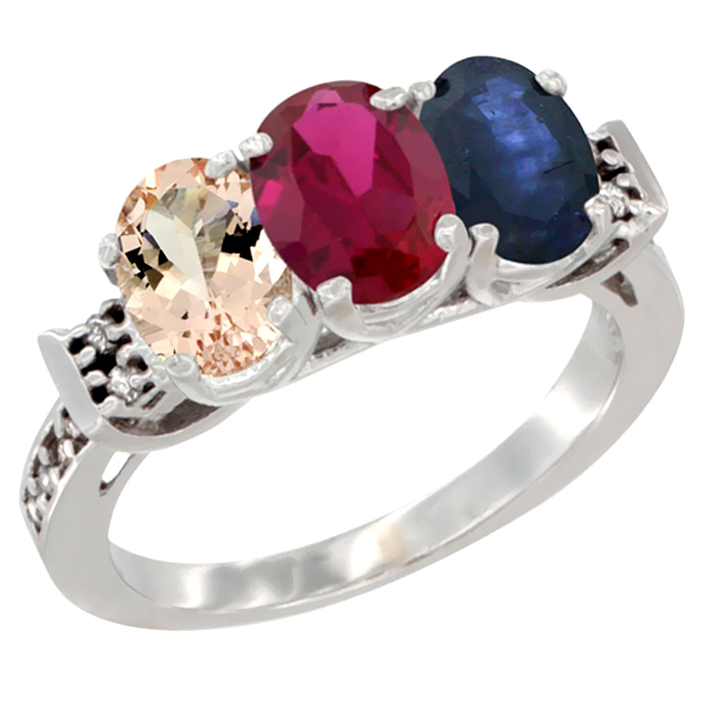 Sabrina Silver 14K White Gold Natural Morganite, Enhanced Ruby & Natural Blue Sapphire Ring 3-Stone Oval 7x5 mm Diamond Accent, sizes 5 - 10