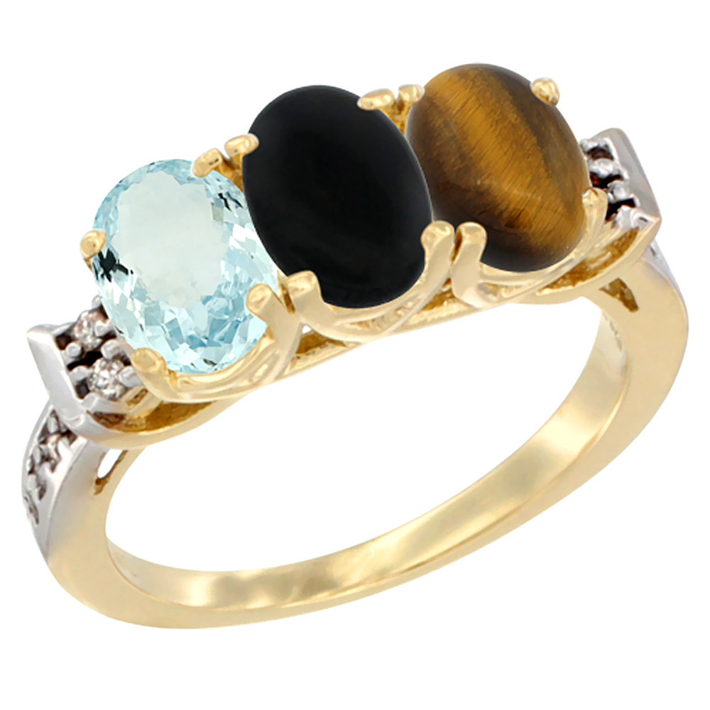 Sabrina Silver 10K Yellow Gold Natural Aquamarine, Black Onyx & Tiger Eye Ring 3-Stone Oval 7x5 mm Diamond Accent, sizes 5 - 10