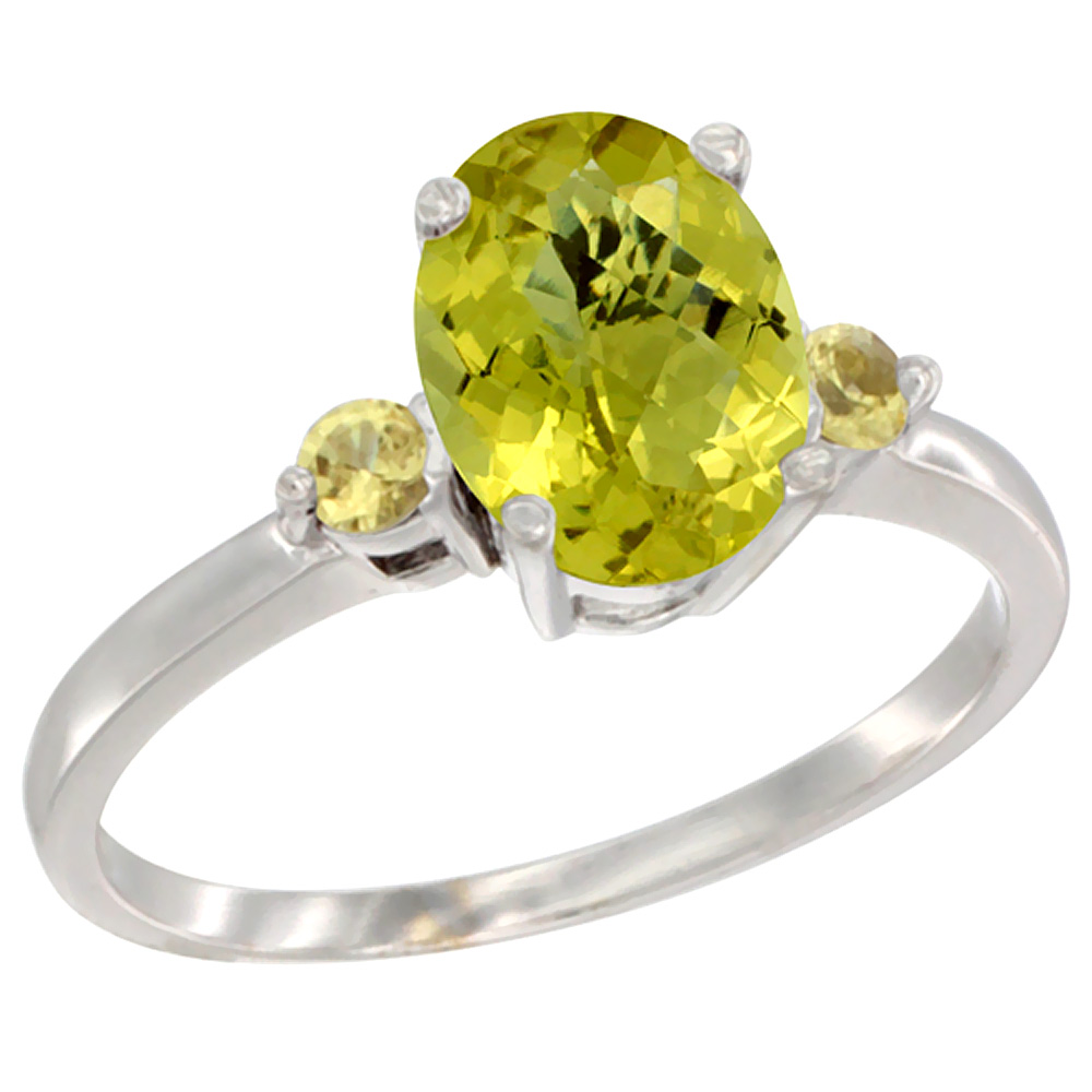 Sabrina Silver 14K White Gold Natural Lemon Quartz Ring Oval 9x7 mm Yellow Sapphire Accent, sizes 5 to 10