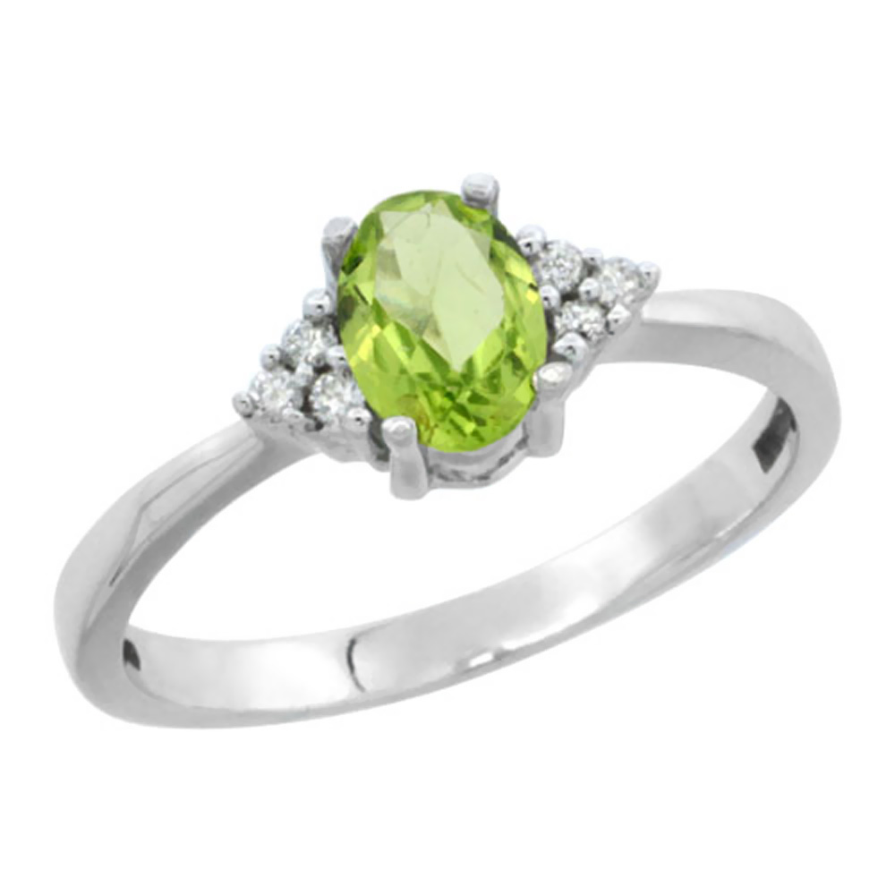 Sabrina Silver 10K White Gold Natural Peridot Ring Oval 6x4mm Diamond Accent, sizes 5-10