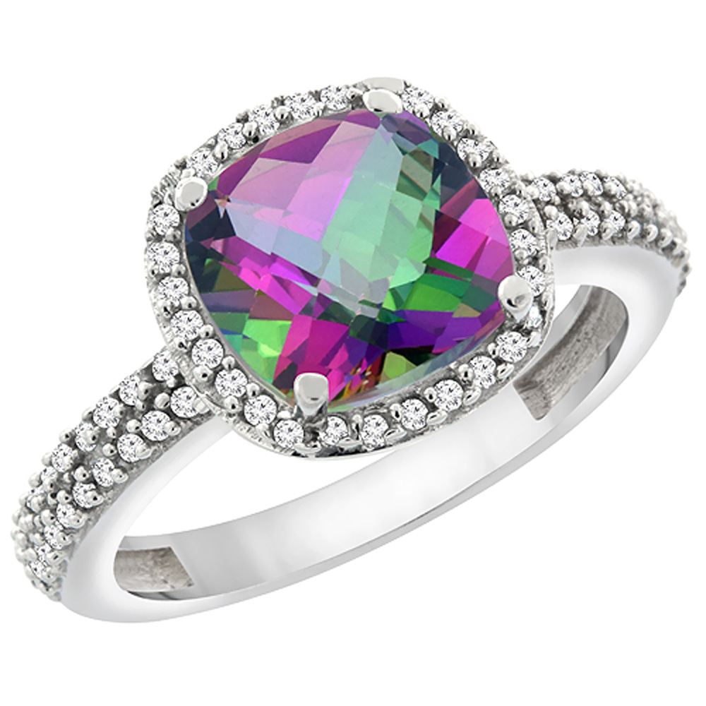 Sabrina Silver 10K White Gold Natural Mystic Topaz Cushion 8x8 mm with Diamond Accents, sizes 5 - 10