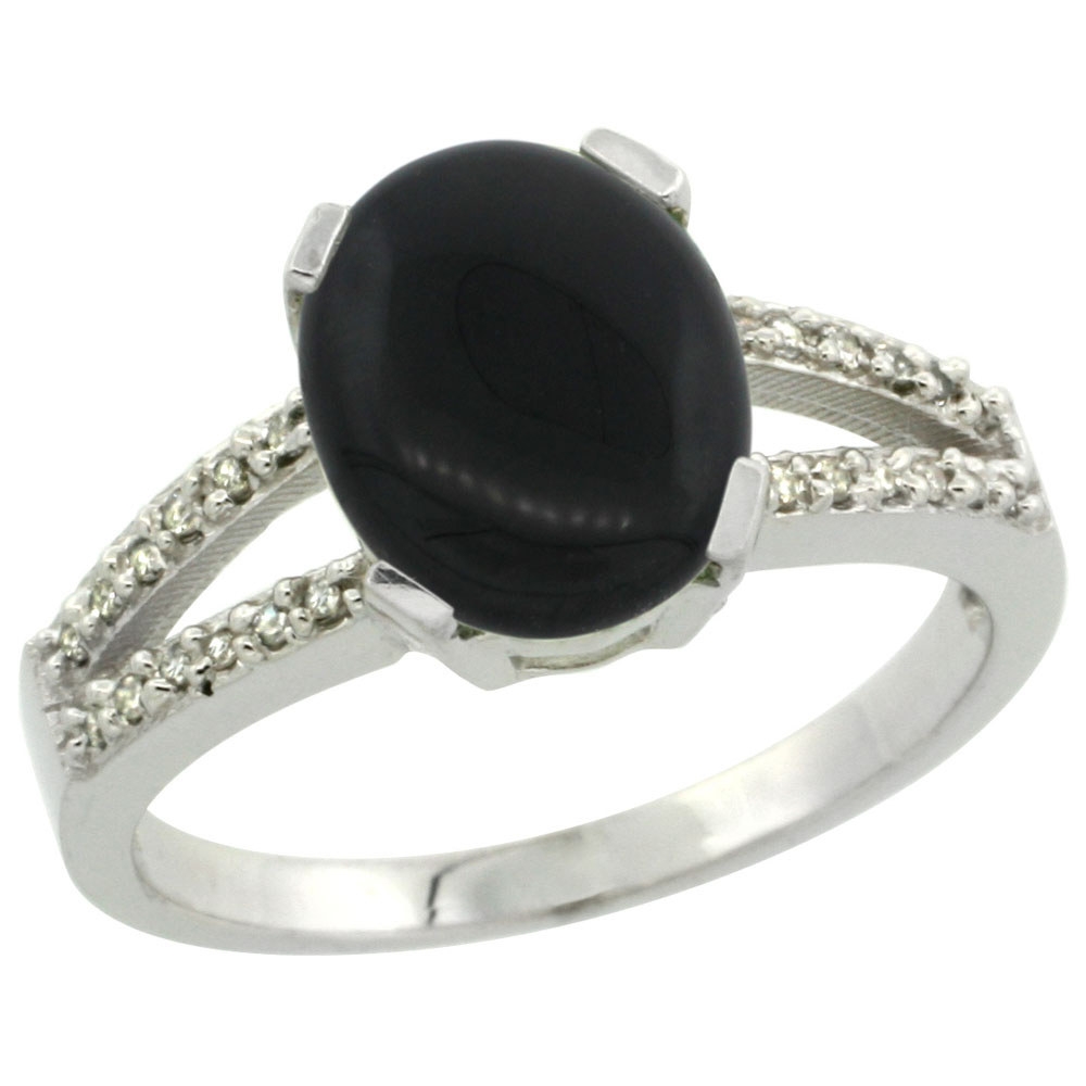 Sabrina Silver 14K White Gold Diamond Natural Black Onyx Engagement Ring Oval 10x8mm, sizes 5-10
