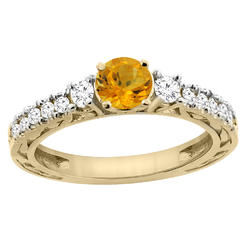 Sabrina Silver 14K Yellow Gold Natural Citrine Round 6mm Engraved Engagement Ring Diamond Accents, sizes 5 - 10