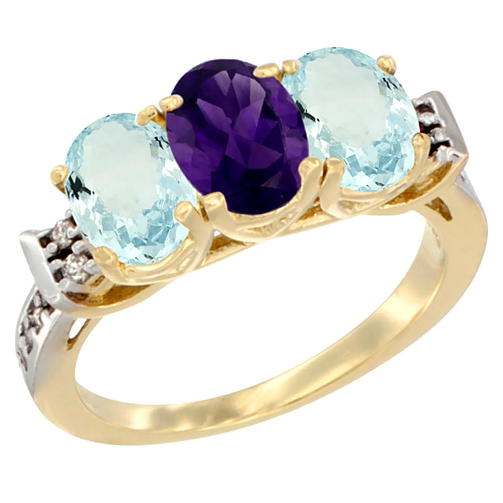 Sabrina Silver 10K Yellow Gold Natural Amethyst & Aquamarine Sides Ring 3-Stone Oval 7x5 mm Diamond Accent, sizes 5 - 10
