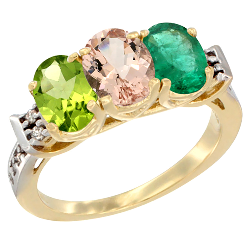 Sabrina Silver 10K Yellow Gold Natural Peridot, Morganite & Emerald Ring 3-Stone Oval 7x5 mm Diamond Accent, sizes 5 - 10