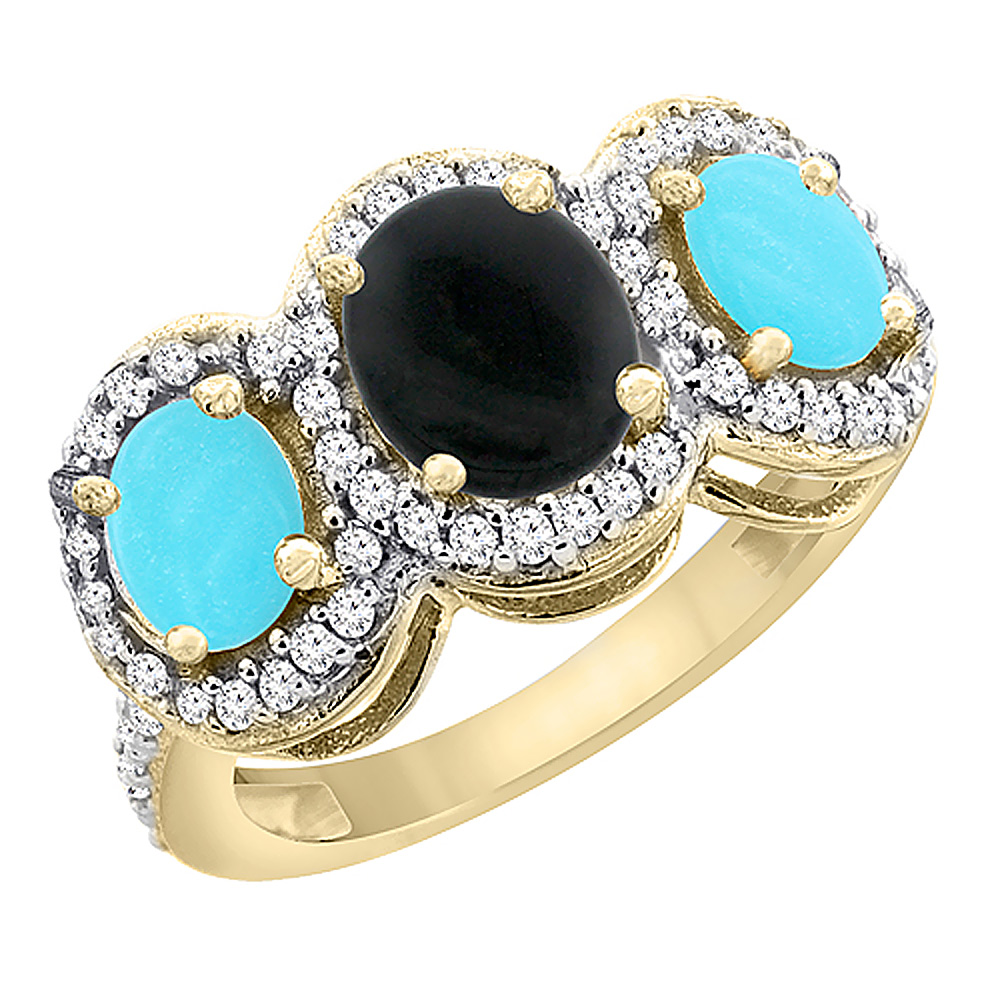 Sabrina Silver 10K Yellow Gold Natural Black Onyx & Turquoise 3-Stone Ring Oval Diamond Accent, sizes 5 - 10