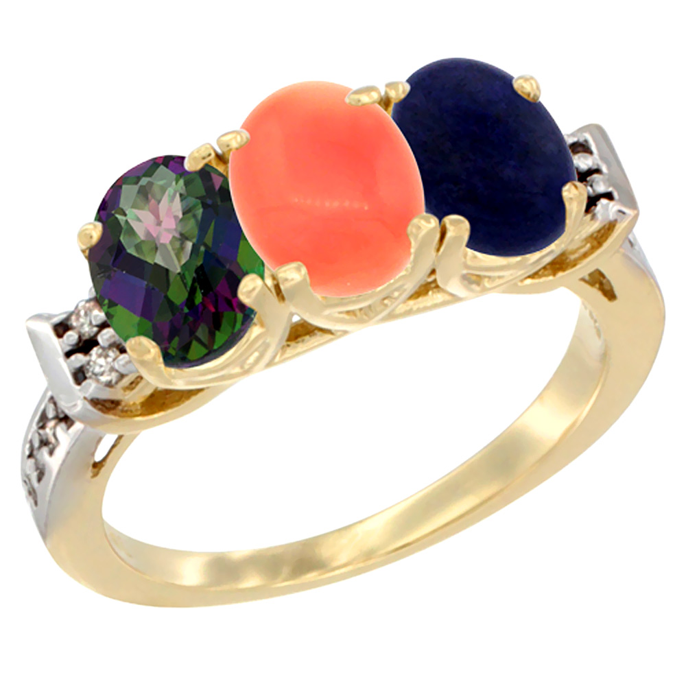 Sabrina Silver 14K Yellow Gold Natural Mystic Topaz, Coral & Lapis Ring 3-Stone 7x5 mm Oval Diamond Accent, sizes 5 - 10