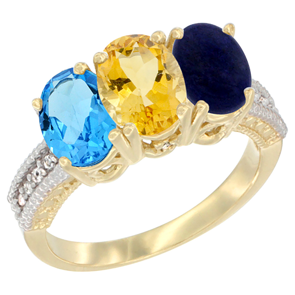 Sabrina Silver 14K Yellow Gold Natural Swiss Blue Topaz, Citrine & Lapis Ring 3-Stone 7x5 mm Oval Diamond Accent, sizes 5 - 10