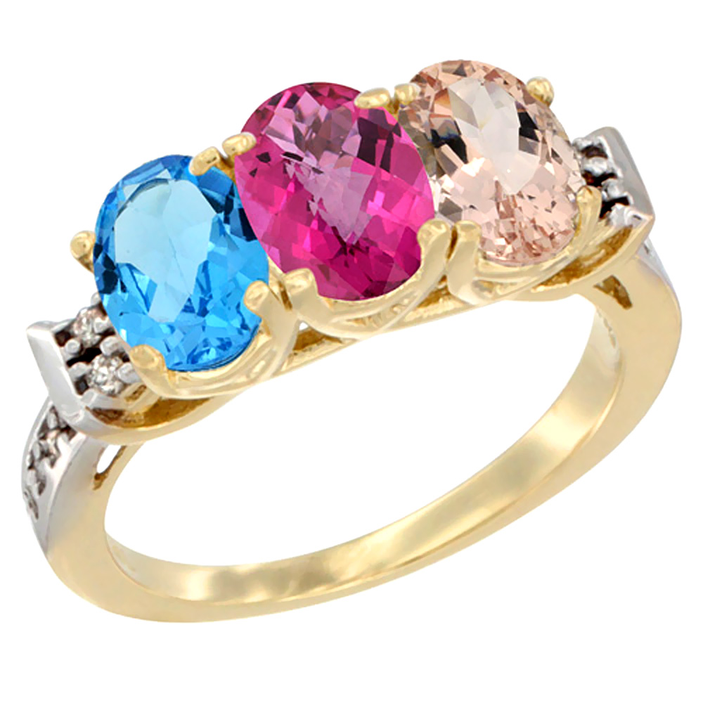 Sabrina Silver 14K Yellow Gold Natural Swiss Blue Topaz, Pink Topaz & Morganite Ring 3-Stone 7x5 mm Oval Diamond Accent, sizes 5 - 10