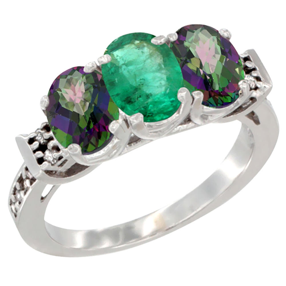 Sabrina Silver 10K White Gold Natural Emerald & Mystic Topaz Sides Ring 3-Stone Oval 7x5 mm Diamond Accent, sizes 5 - 10