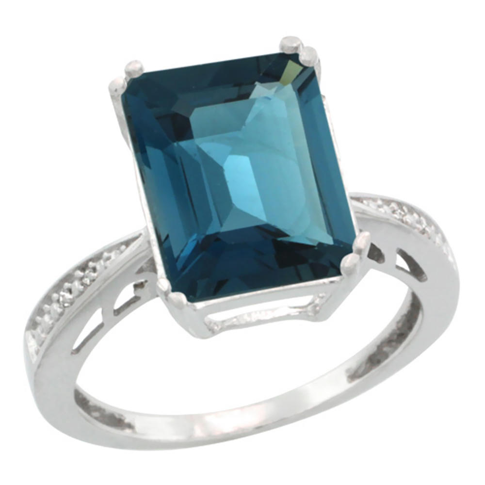 Sabrina Silver 14K White Gold Diamond Natural London Blue Topaz Ring Emerald-cut 12x10mm, sizes 5-10