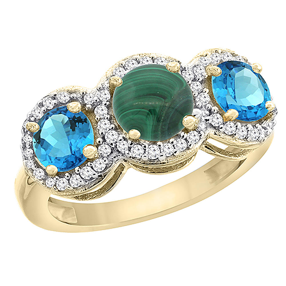 Sabrina Silver 10K Yellow Gold Natural Malachite & Swiss Blue Topaz Sides Round 3-stone Ring Diamond Accents, sizes 5 - 10