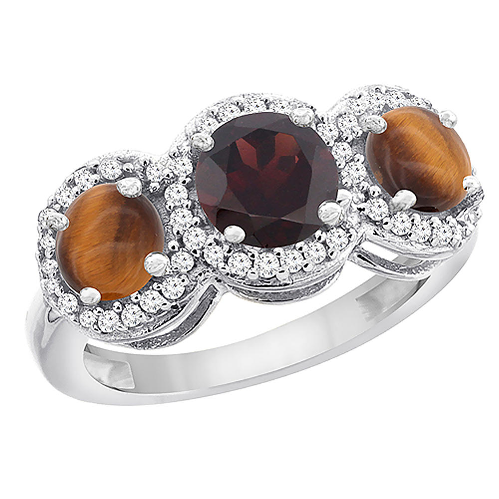 Sabrina Silver 14K White Gold Natural Garnet & Tiger Eye Sides Round 3-stone Ring Diamond Accents, sizes 5 - 10