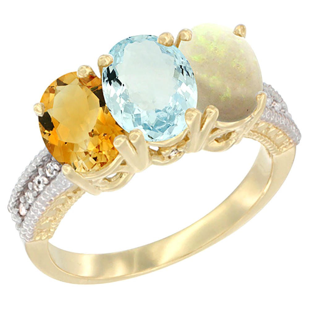 Sabrina Silver 14K Yellow Gold Natural Citrine, Aquamarine & Opal Ring 3-Stone 7x5 mm Oval Diamond Accent, sizes 5 - 10