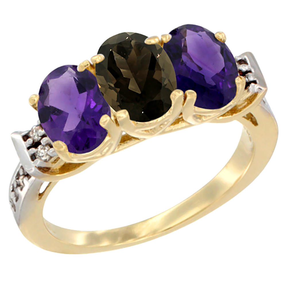 Sabrina Silver 14K Yellow Gold Natural Smoky Topaz & Amethyst Sides Ring 3-Stone 7x5 mm Oval Diamond Accent, sizes 5 - 10