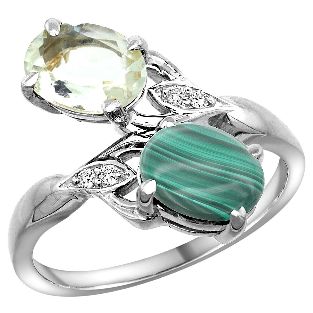 Sabrina Silver 10K White Gold Diamond Natural Green Amethyst & Malachite 2-stone Ring Oval 8x6mm, sizes 5 - 10