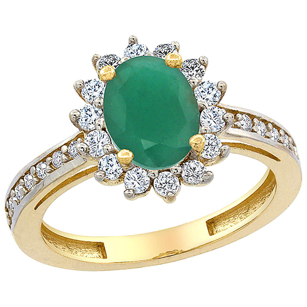 Sabrina Silver 10K Yellow Gold Diamond Flower Halo Natural Quality Emerald Engagement Ring Oval 8x6mm,size5-10