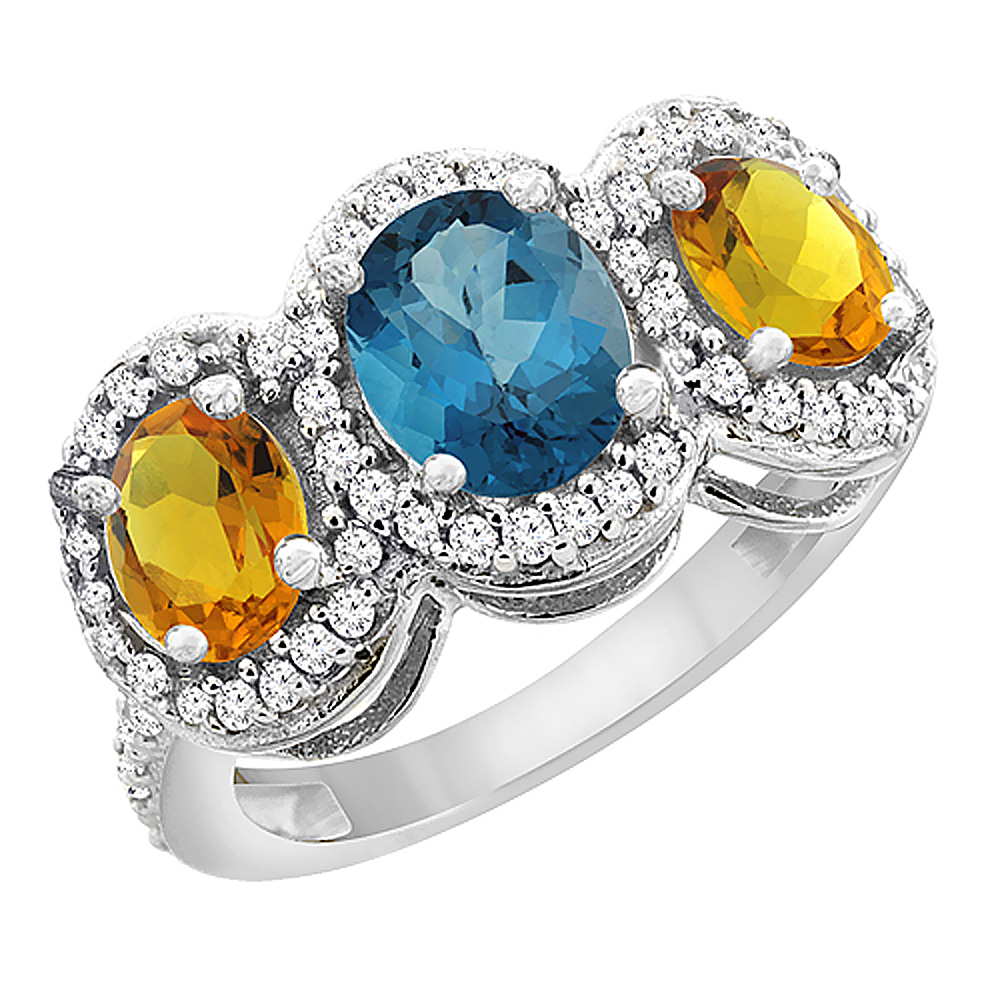 Sabrina Silver 10K White Gold Natural London Blue Topaz & Citrine 3-Stone Ring Oval Diamond Accent, sizes 5 - 10